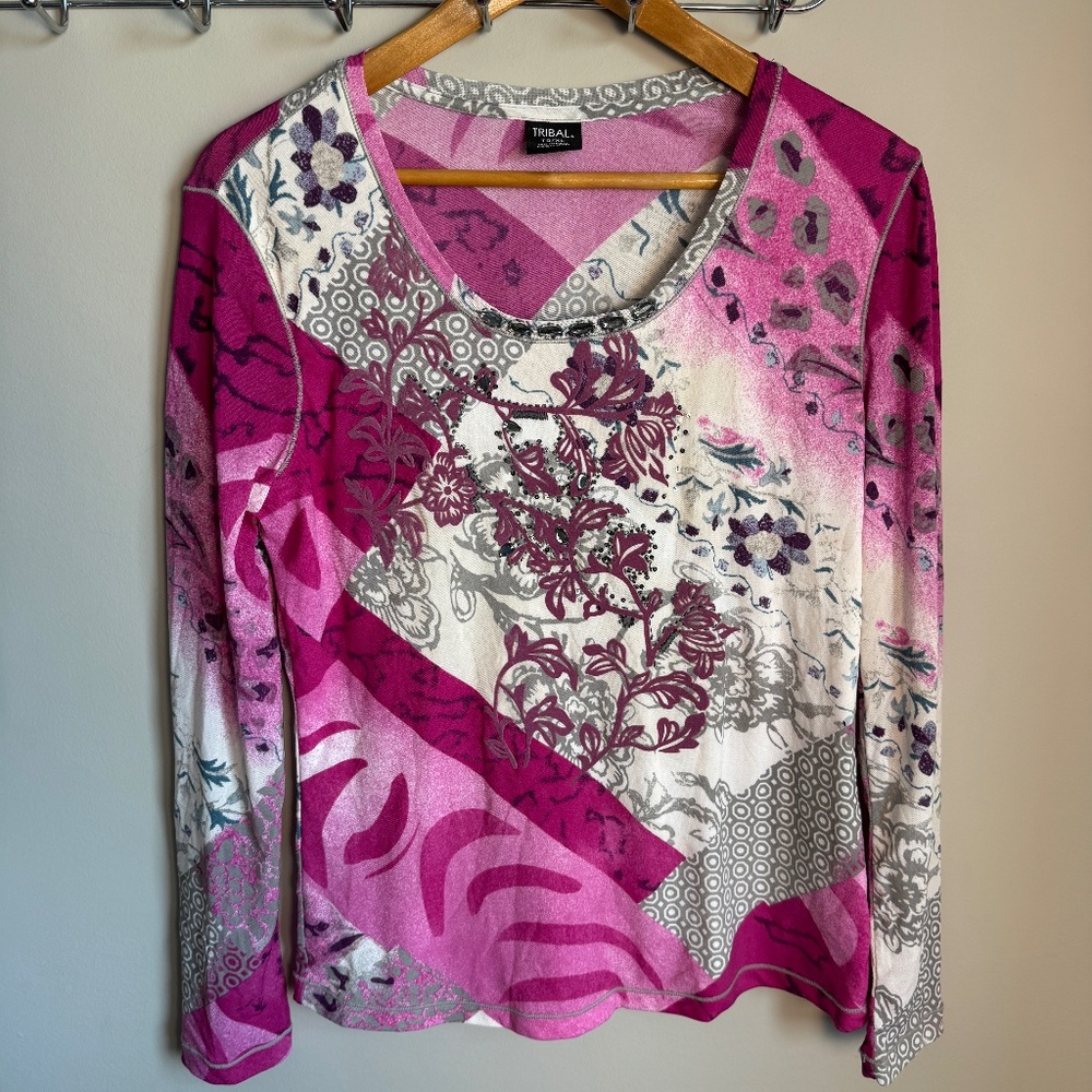 Tribal Long Sleeve Embellished Top Wearable Art Long Sleeve Pink XL Lightweight